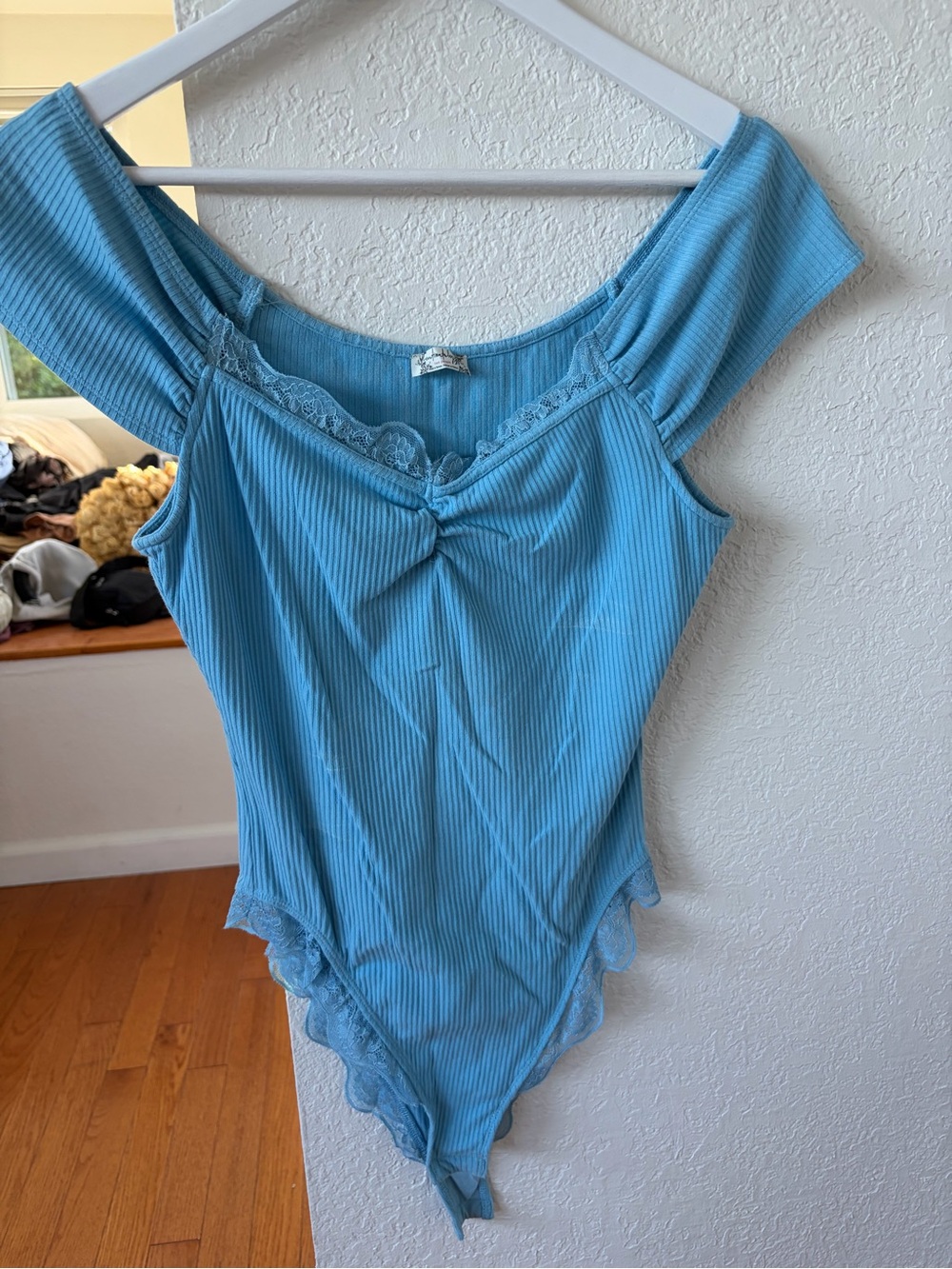Sky Blue Ribbed Lace-Trim Off-Shoulder Bodysuit